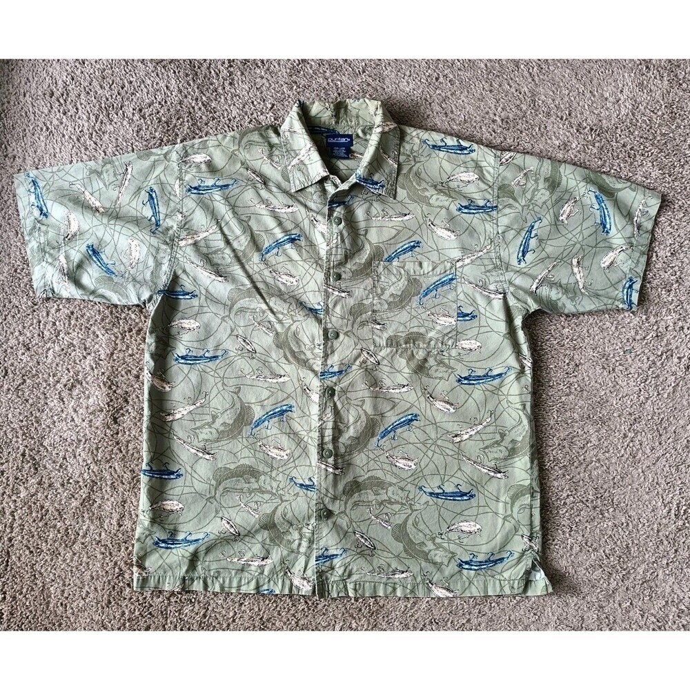 Vintage Puritan Button Down Shirt Men's Large Fishing Lures Green Short Sleeve